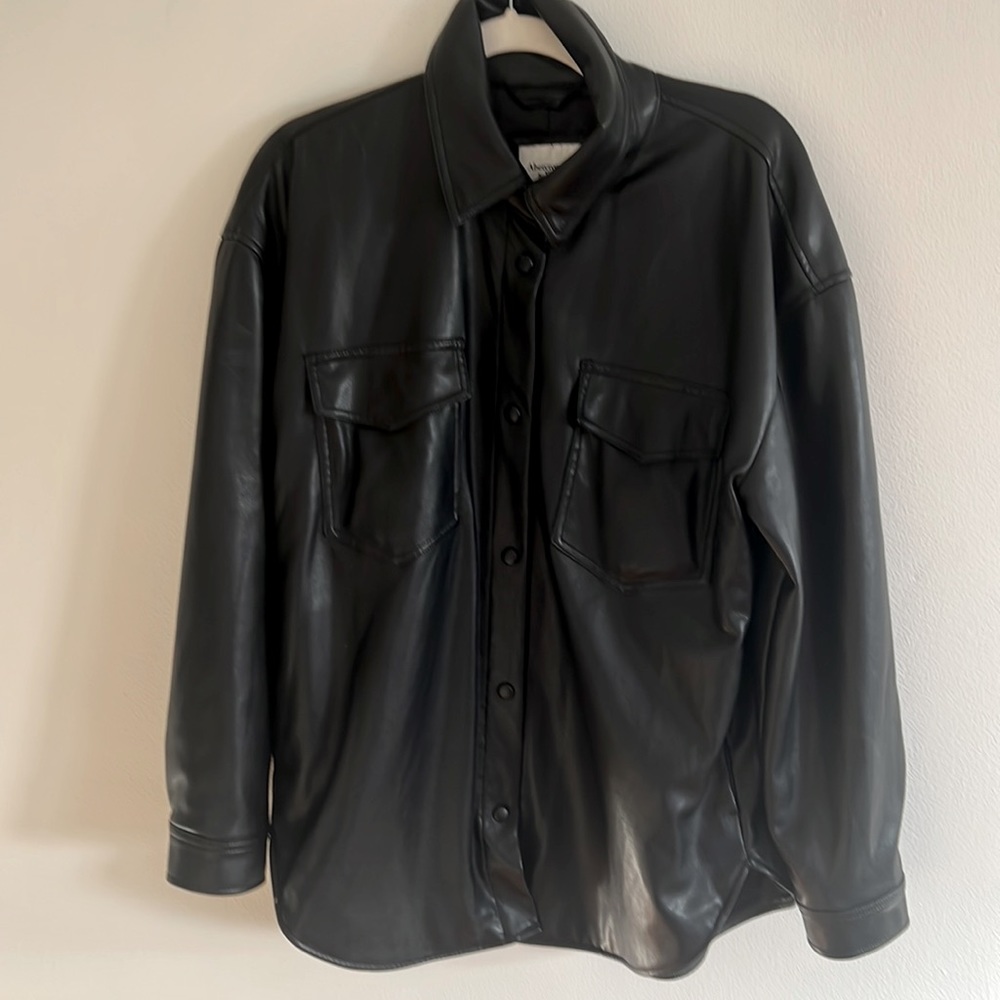 Abercrombie black faux leather shirt jacket.